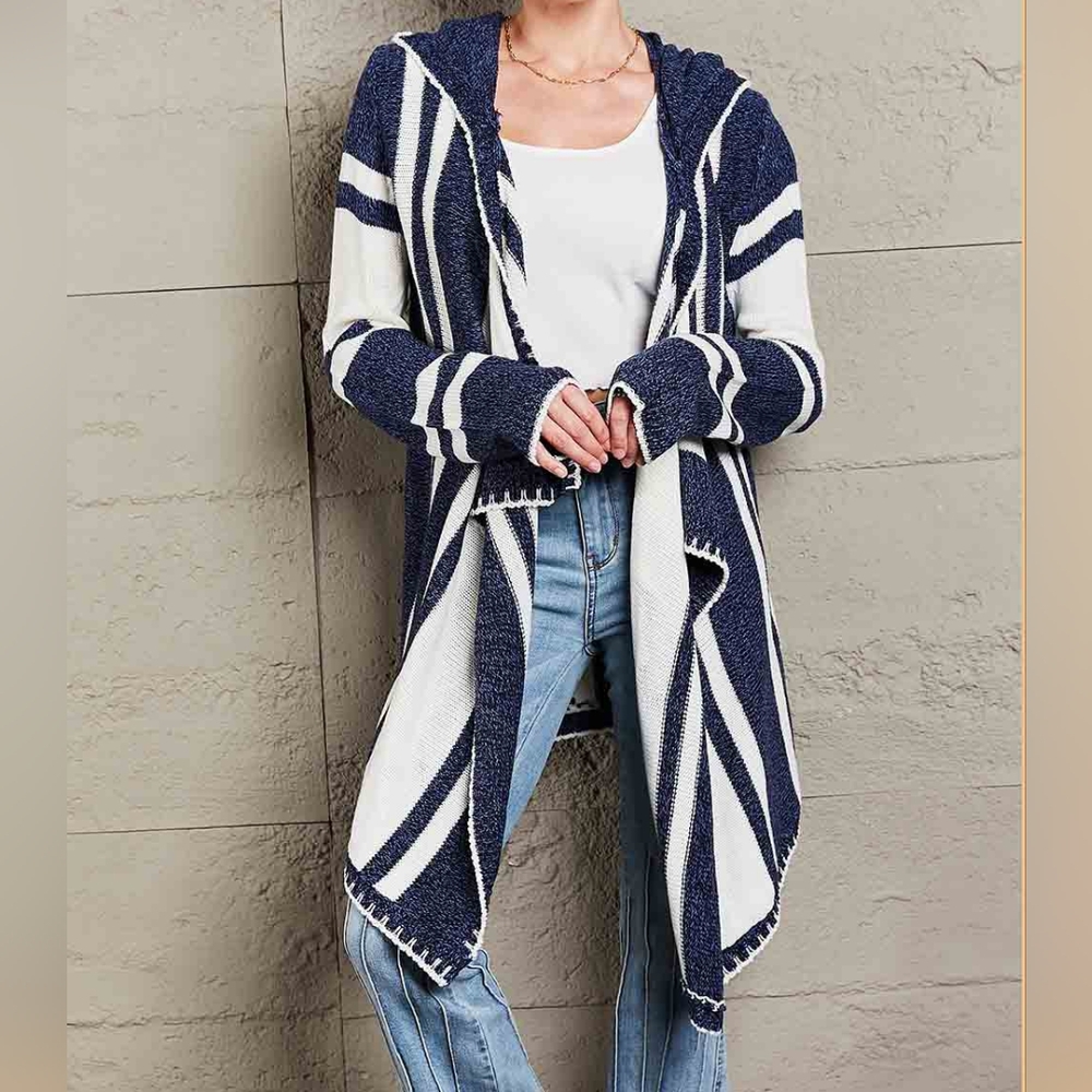 Long Hooded Oversized Knit Open Front Drape Cardigan Handkerchief Bohemian Chic - Picture 6 of 14